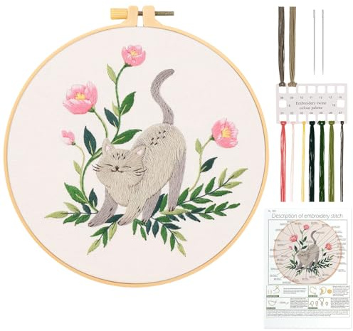 JSRQT Kit de Broderie au Point de Croix avec Chat Motif,Embroidery Starter Kit, Kits de Broderie de Démarrage de Gamme Complète pour Adultes Débutants