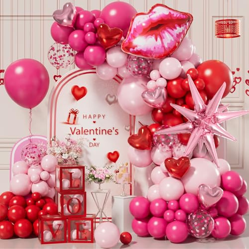 152Pcs Pink and Red Balloon Garland Arch Kit Macaron Pink Red Balloons and Heart Lip Balloons for Valentines Day Bridal Shower Baby Shower Bachelorette Anniversary Party Decorations Supplies