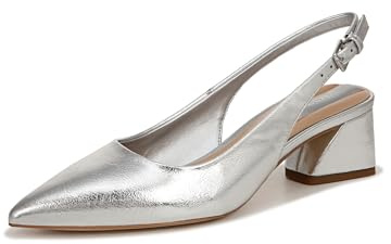 Franco Sarto Women's Racer Slingback Low Block Heel Pointed Toe Pump, Silver Metallic, 4.5 UK