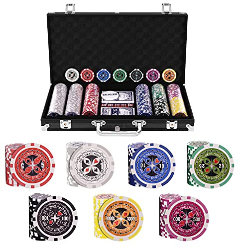GYMAX Set Tascabile 300 Fiches, Set da Poker con 5 Dadi Carte da Poker, Poker Chips, Valigetta in Alluminio (Nero)