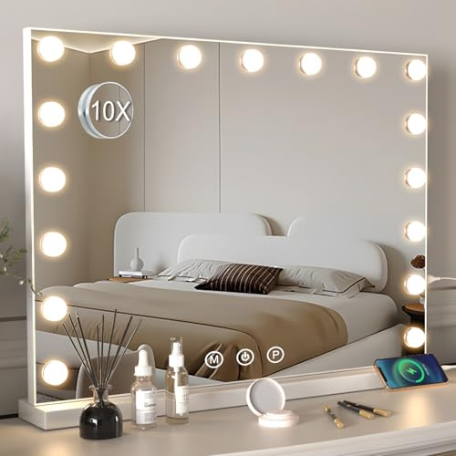 Hollywood sminkspegel med belysning, make-up spegel med 17 dimbara LED-lampor, 3 ljusfärger, Hollywood spegel med USB oplaadpoort och 10x förstoringsspegel - 70x55 cm