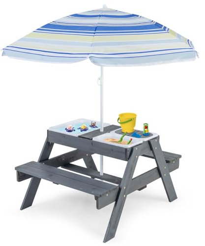 GOPLUS Mesa de Actividades Niño 4 en 1 con Banco, Madera, Gris, 96 x 75 x 54 cm, Mesa de Picnic, arena, agua y almacenamiento, sombrilla ajustable, 3+ años
