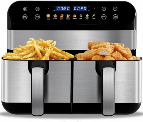 XYJBHB Doppel - Heißluftfritteuse 9L | 4.5L + 4.5L | XXL Digitale Luftfriteuse mit 2 Körben | 9 L Doppelkammer | 1800W | ohne Öl | Bedienfeld Temperatur | Backsteuerung| 8-Voreingestellten Menüs