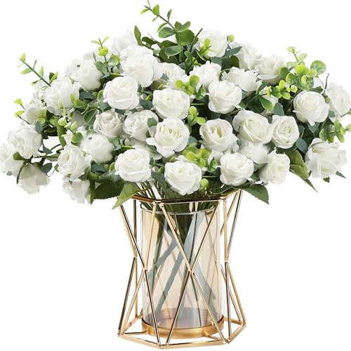 HNVNER 2 Bunches White Artificial Flowers Rose Fake Silk Flower Bouquets for Home Wedding Outdoor Decoration