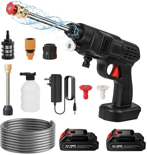 Cordless Pressure Washer, 21V/50 Bar Portable Power Washer with Battery and Rapid Charger, Multifunction Nozzle Charger and Accessories, for Patio Cleaning and Car (2000mAh Battery*2)
