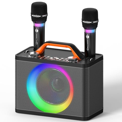 Karaoke 2 Microfonos Inalambricos RGB - 5200 mAh Karaoke con 10 Modos RGB, Panel de Control Independiente, 13H de Reproducción, Sonido Hi-Fi, Soporte Profesional Karaoke AUX/USB/Tarjeta TF/USB/Coax