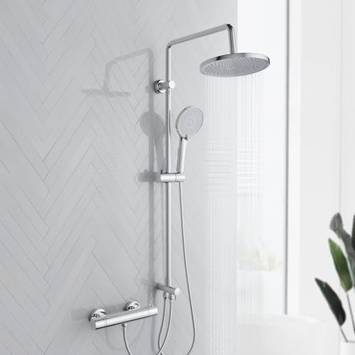 MORADO Thermostatic Shower Mixer Set,Shower Riser Rail Kit with Round Overhead Rainfall Shower Head and Adjustable Handheld Shower,Thermostatic Shower Mixer Tap Included,95cm Height,Chrome