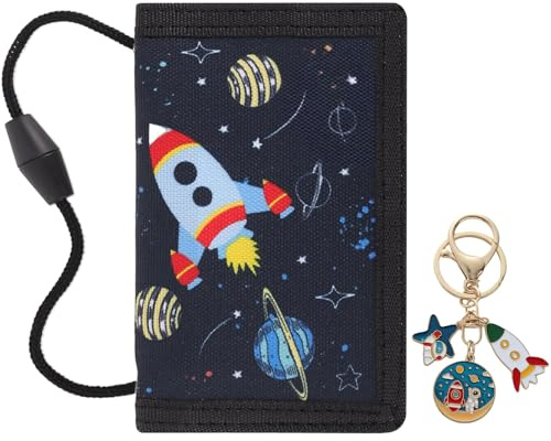 JYSNOW Cartera Niño Triple Plegado, 2 Piezas, Cohete y Astronauta | Monedero y Juvenil para Niño, Diseño Ligero, Material de Poliéster, 12 × 8 × 1 cm, se Puede Llevar Alrededor del Cuello