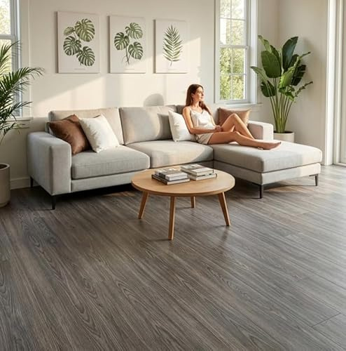EVERGOODS 36PCS 91.5 x 15.2cm Self Adhesive Vinyl Floor Tiles Wood Effect, Peel and Stick PVC Flooring Planks Waterproof for Kitchen Bathroom Living Room Bedroom, (5.02m²) (Dark Gray)