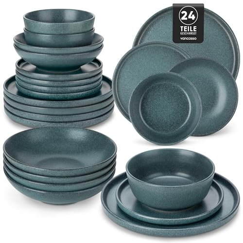 vancasso ZERMATT Service de Table 6 Personnes, 24 Pièces Vaisselle de La Table en Grès, Service Vaisselle avec 6 Assiettes Plates, 6 Assiettes à Dessert, 6 Bols, 6 Bols à pâtes, Bleu-Vert Fumé