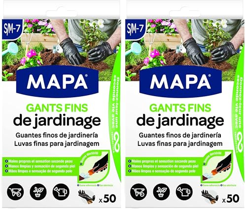 Mapa - Gants Fins de Jardinage x 50 - Dextérité et Résistance - Nitrile et Vinyle - Boîte distributrice de 50 gants fins - Noirs - Taille S/M (Lot de 2)