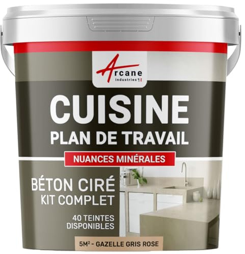 Béton ciré cuisine, plan de travail, crédence, évier, sol et mur, revêtement mural décoratif, kit complet - 5 m² (en 2 couches) Gazelle Gris Rose - ARCANE INDUSTRIES