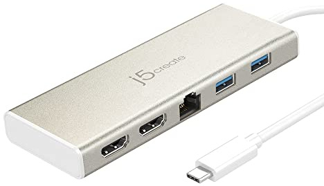 j5create USB-C Dual Display Mini Dock - 4K HDMI + 2K HDMI, 2 x USB-A 5Gbps, Gigabit Ethernet, PD 60W charging, Perfect for Windows laptop (JCD381)
