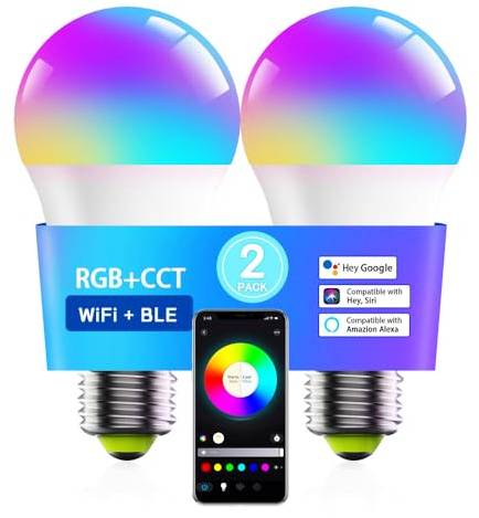 POIUYTO LED Smart Glühbirne E27, WLAN LED Lampe RGBWW dimmbare mit 16 Millionen DIY-Farben, 800LM, Smart home Alexa Zubehör, Sprachsteuerung Funktionieren mit Alexa, Google Assistant, 2 Stück