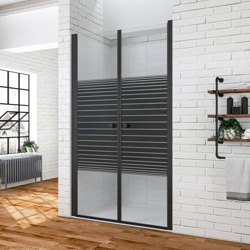 AQUABATOS Duschtür 90 cm breit Verstellbereich 88-91 cm Rahmenlos Pendeltür Dusche schwarz matt Nischentür Schwingtür 6 mm ESG Sicherheitsglas mit Querstreifen-Dekor NANO Beschichtung höhe 195 cm