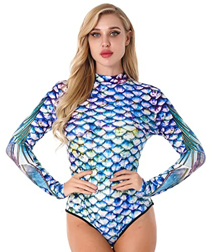 Kaerm Women Adult One Piece Tummy Control Swimsuit Fish Scale Bodysuit Mermaid Swimming Costume Colorful L