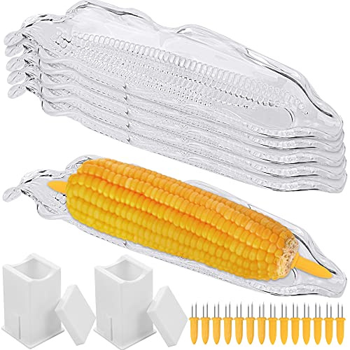 Aodaer 22 Pieces Corn Cob Holders and Dish Set with 2 Corn Butter Spreaders Transparent Service Tray Corn Dish Plastic Corn Trays Corn on The Cob Skewer BBQ Tool Cob Dinnerware for Sweet Butter Corn
