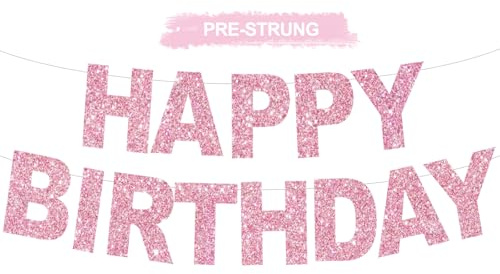 BEISHIDA Pre-Strung Glitter Pink Happy Birthday Banner Party Sign Decor
