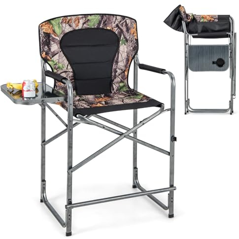 COSTWAY Silla Plegable Camping Alta, Silla Director Plegable con Mesa Lateral, Silla Pesca Reposapiés Desmontable, Portavasos, 62 x 56 x 110 cm, Carga 150 kg
