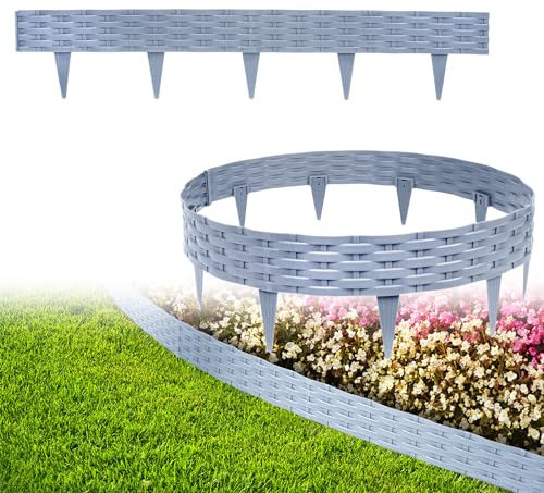 XMTECH 10m Rasenkante Beeteinfassung Gartenpalisade in Rattan-Optik, Beetumrandung Mähkante Randsteine aus Kunststoff mit 55 Elemente á 100 cm, Grau