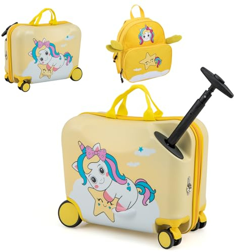 GOPLUS Valise Enfant Fille Garçon, Valise Enfant à Roulettes 18 & Sac à Dos 12, Bagage Voyage Enfant d'Assise avec Repose-pieds, Surface Étanche, Poignée Réglable, Motif Licorne Jaune, Charge 50/8KG