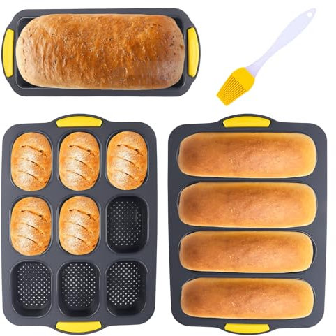 Juego de 3 Molde para Hornear Pan de Silicona, Molde para Baguettes Antiadherente + Molde de Silicona para Panecillos con 9 rejillas + Bandeja para baguettes con 4 rejillas, con cepillo aceite