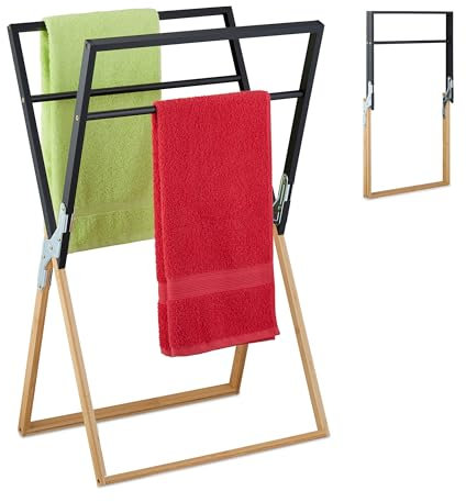 Relaxdays Porte-Serviettes Pliable, pour torchons et Serviettes, 4 Barres, en Bambou et Fer, Nature et Noir