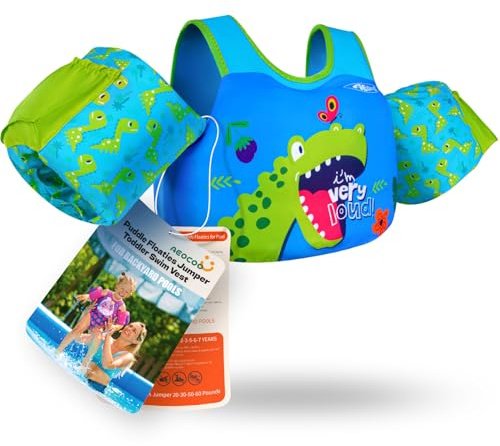 AEOCOO Puddle Float Jumper 20-30-50-60-70 Pounds, Toddler Swim Vest for 1-3-5-6-9 Years Old, Pool Floats with Swimming Arm Floaties Swim Jacket for Kids Swimmies, Boys, Girls, Niños, Dinosaur