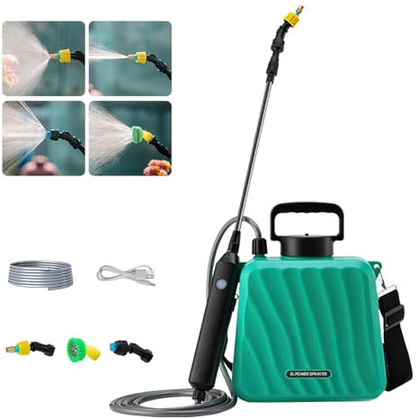 Pulverizador de jardín alimentado por batería, 5 L, pulverizador eléctrico mejorado con 3 boquillas de niebla, mango recargable por USB, varita retráctil, correa de hombro ajustable, pulverizador de