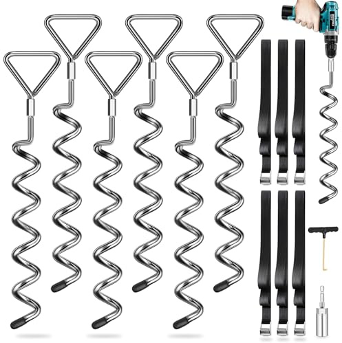 Ancla de Suelo para trampolín, Juego de 6 Unidades – Anclaje al Suelo con 6 Correas (2,5 m de Longitud) – Anclajes Resistentes resisten el Viento Alto, Ideal para trampolín al Aire Libre