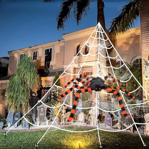 Halloween Decorations Outdoor: 50Giant Spider+200Triangle Spider Web Set Decor,Reusable Scary Outdoor Halloween Decorations for Indoor House Garden Yard Party