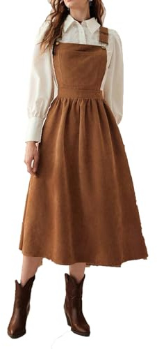 COSDREAMER Robe midi en Velours côtelé avec Bretelles réglables et Ourlet Large avec Poche, Robe trapèze Vintage à Bretelles pour Femme, Marron, XL