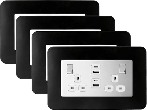 4PCS Double Socket Surround Black,Light Switch Surrounds (14.6cm x 8.6cm) | Finger Plates for Switches, Switch Sticker Cover,WallFor Home Wall Switch Decor, Easy No Drill Installation