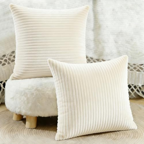 ABOHU Set med 2 kuddfodral, krämfärgad manchester, randigt mönster, 45x45 cm, dekorativa kuddar, soffkuddar, soffkuddar, prydnadskuddar, dekorativa kuddfodral för soffa, vardagsrum, sovrum