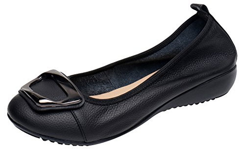 Jamron Femmes Cuir Véritable Chaussures de Confort Semelle Souple Ballerines Bas Talon Compensé Chaussons Noir SN020624 EU38.5