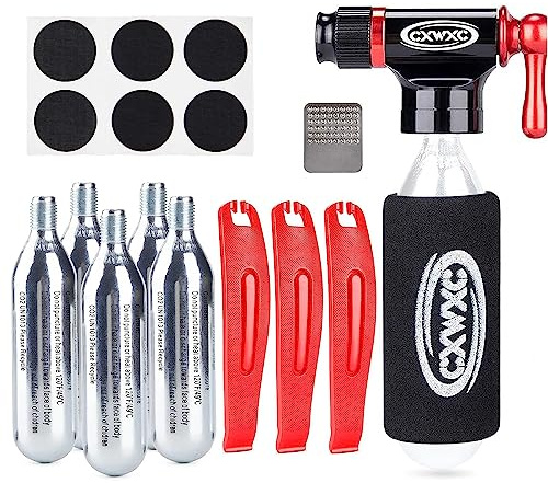 CO2 Inflator Kit with 5 X 16g CO2 Threaded Cartridges- Presta & Schrader Valve Compatible -Portable CO2 Bike Tire Pump Come with Glueles Repair Kit for Road & Mountain Bike (Style:A)