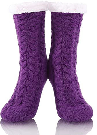 FUSACONY Chaussettes Slipper pour Femme Antidérapantes Chaussettes Maison Pantoufle Chaussettes Tricoter des Chaussettes Noël Chaussettes Slipper Avec Doublure en Polaire Douce 35-42 (Violet)