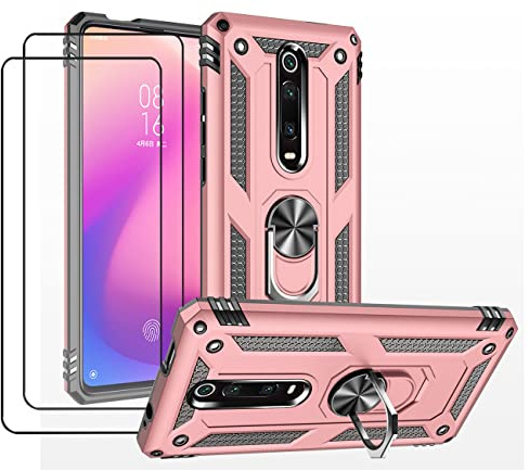 JOYTAG Funda para Xiaomi Mi 9T/MI 9T Pro,Carcasa +Cristal Templado [2 Piezas] Silicona Silicona TPU 360 Grados Anillo Giratorio magnético Soporte Caja del teléfono del Coche-Oro Rosa