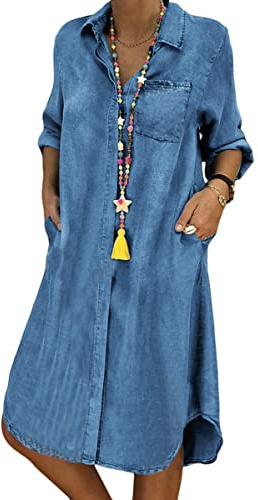 ORANDESIGNE Robe Été Femme De Plage Rétro Denim Robes Col V Casual Tuniques Ample Bouton Chemise Longue Chemisier en Jean Mini Robe G Bleu L