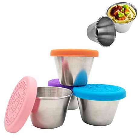 HHPP Contenitori per Condimenti da 4 Pezzi con Coperchio, Contenitori per Condimenti in Acciaio Inossidabile da 1,6 Once, Pentole per Alimenti, Contenitori per Salse per Pranzo al Sacco