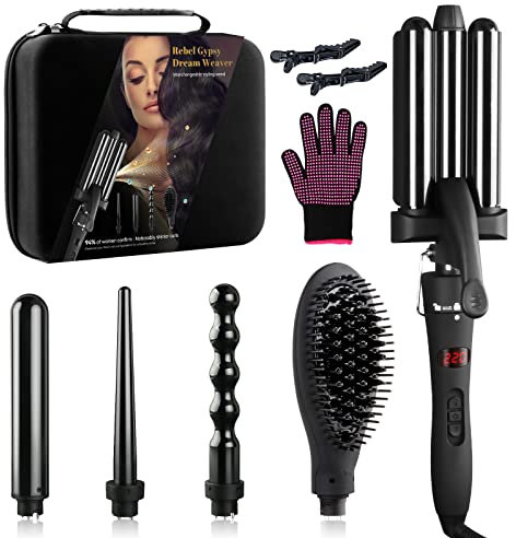 Lockenstab Set, 5 in 1, mit Verschiedenen Aufsätzen, [Turmalin Keramik] Welleneisen,Glättbürste, [mit Aufbewahrungsbox] LED Display, Große und Kleine Locken für alle Haarstylings