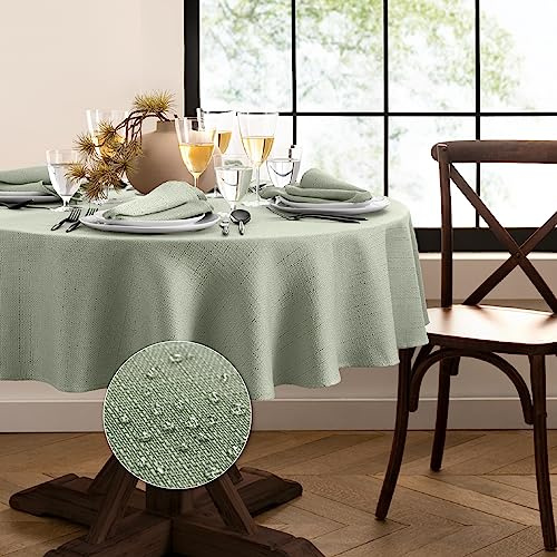 Elrene Home Fashions Laurel Solid Texture Water and Stain Resistant Tablecloth, 60X84 Oval, Sage