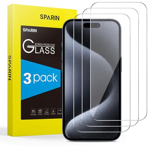 SPARIN Protector de Pantalla para iPhone 15 Pro Max y iPhone 15 Plus, Cristal Templado de 6,7 Pulgadas Cobertura Completo 9H Dureza, HD Transparente, 3 Pack
