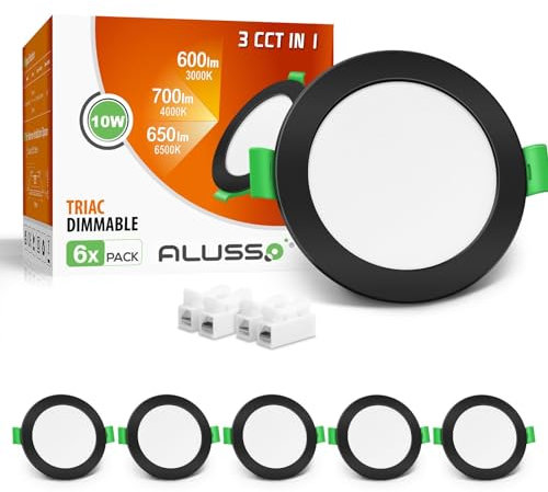 ALUSSO LED Einbaustrahler 230V Flach, 10W 700LM Dimmbar IP44 Bad Schwarz Einbauleuchten LED Spots, Warmweiß 3000K Neutralweiß 4000K Kaltweiß 6500K Einbauspots für Wohnzimmer Badezimmer Küche, 6er Set