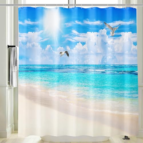 Vgzsyomqib Strand Türkis Meer Duschvorhang 180x180 Anti Schimmel Wasserdicht für Badewanne Stoff Shower Curtains 3D Beige Insel Vögel Möwen Blau Ocean Motiv Duschvorhänge Waschbar Textil