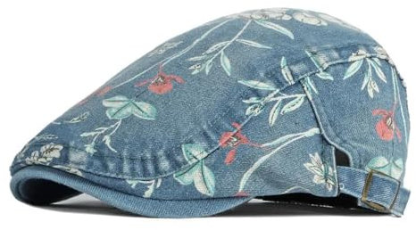 YUECIBAI Béret Homme Coton Fleur Impression Newsboy Casquettes Chapeau Plat Femmes Peintre Béret Chapeaux 55-60Cmwear Bleu