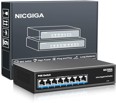 Conmutador PoE Gigabit de 8 Puertos no administrado, 8 Puertos PoE+ a 120 W, 802.3af/at, conmutador de alimentación a través de Ethernet de Red NICGIGA de 8 Puertos y 1000 Mps, sin Ventilador.