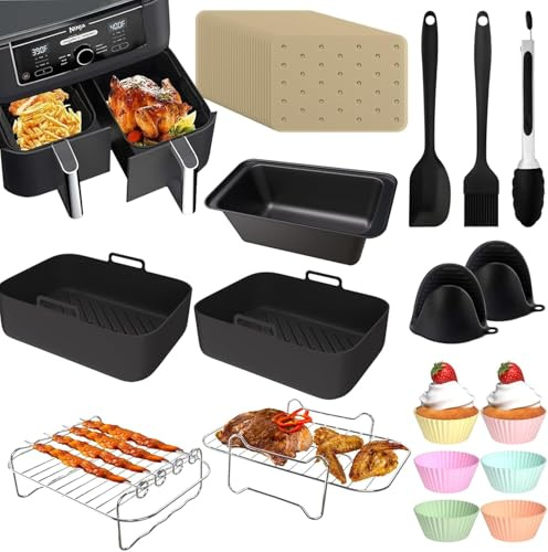 Air Fryer Accessories Set,12 Pcs for Ninja Foodi AF300UK AF400UK 7.6L/8L/9L/9.5L Dual Zone Air Fryer,Including Silicone Air Fryer Liners, Grill, Glove, Spatula, Brush, Clip, Silicone Tong,Cake Cup