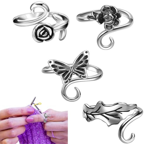 Yuiturt 4Pcs Crochet Tension Ring, 4 Styles 0.79 Inch Width Adjustable Finger Weaving Hook, Metal Yarn Guide for Knitting, Knitting Loop Holder, Crochet Accessories for Crafts and DIY