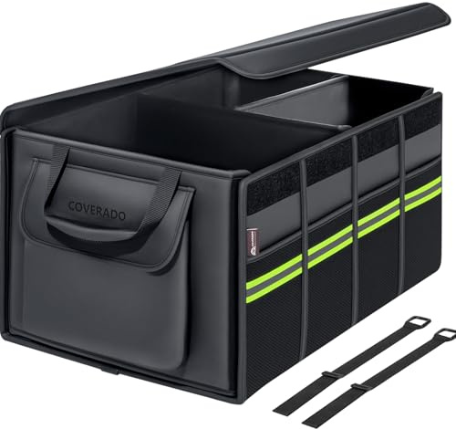 Coverado Organizador de Maletero Coche y SUV, Impermeable Bolsas para maletero de cuero napa, 70 L Plegable Caja maletero coche,Cubículo múltiple & Divisor, Fijar 2 correas